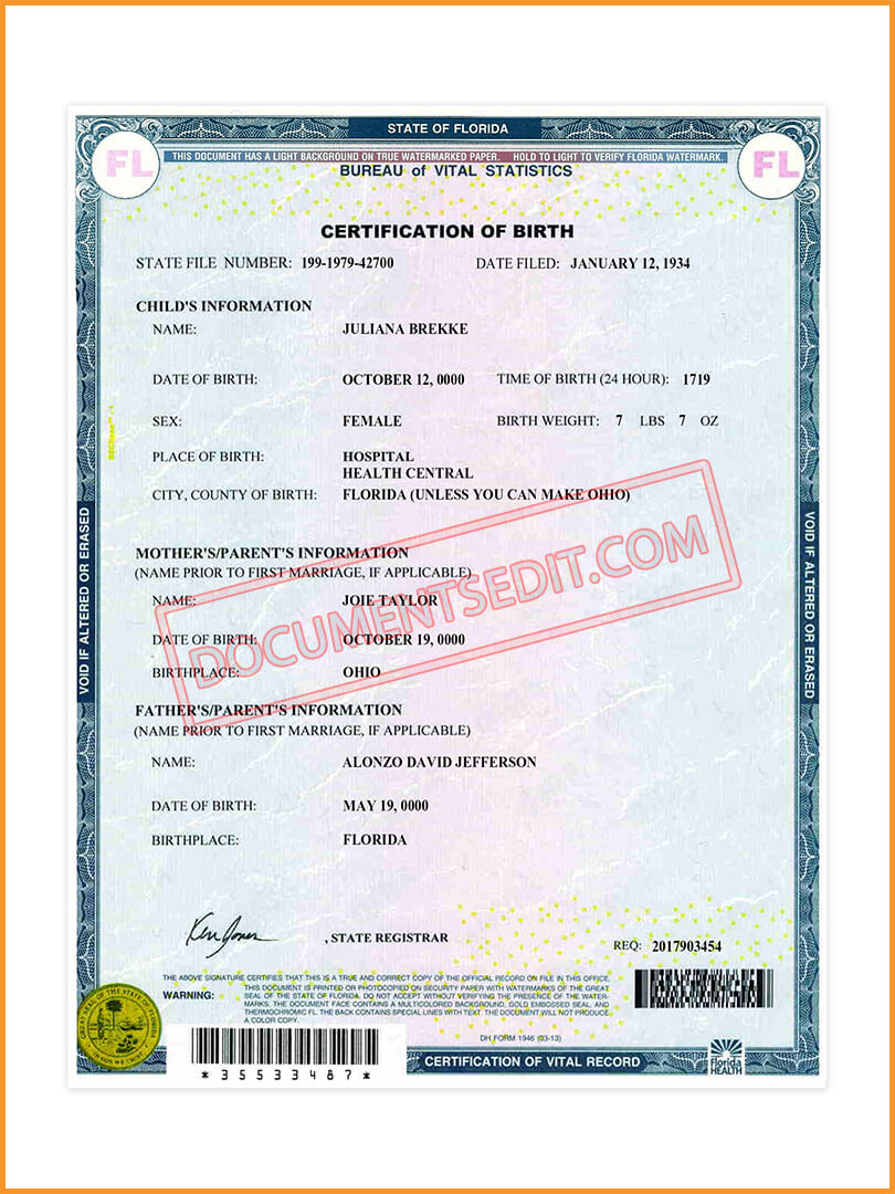 Florida Birth Certificate Template