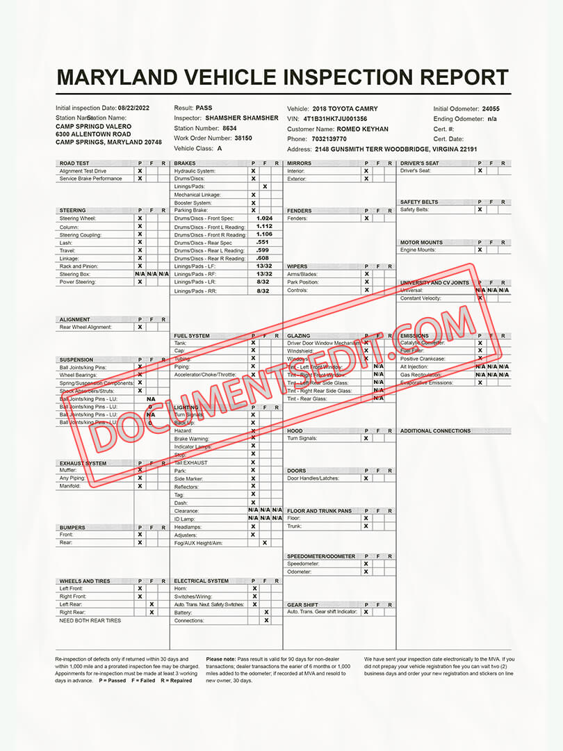 Maryland Vehicle Inspection Report Documents Edit