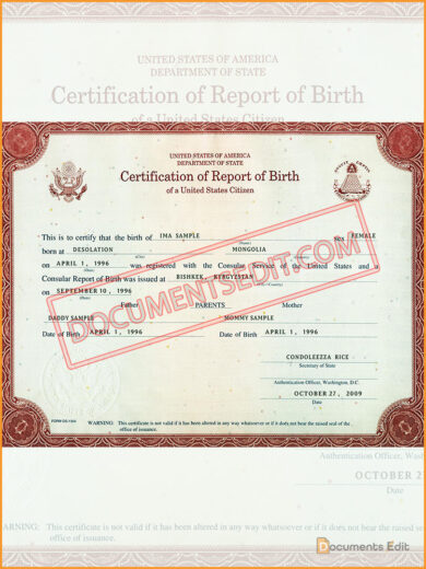 Certification of Report of Birth Template