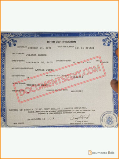 Missouri Birth Certificate Template