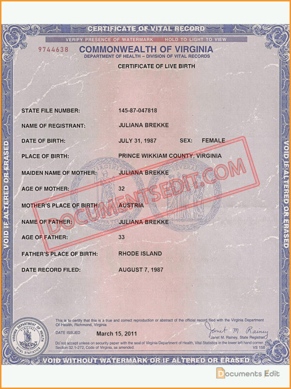 Virginia Birth Certificate Template - Documents Edit