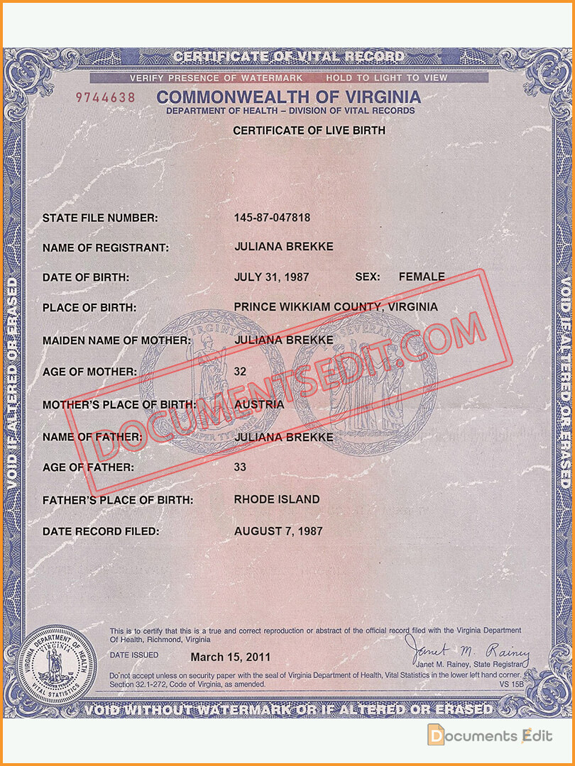 Virginia Birth Certificate Template Documents Edit