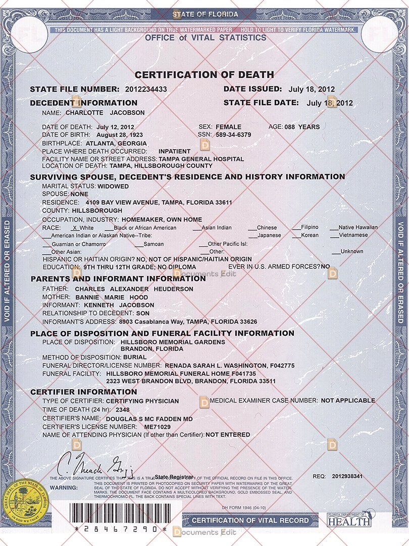 Florida Death Certificate - Documents Edit